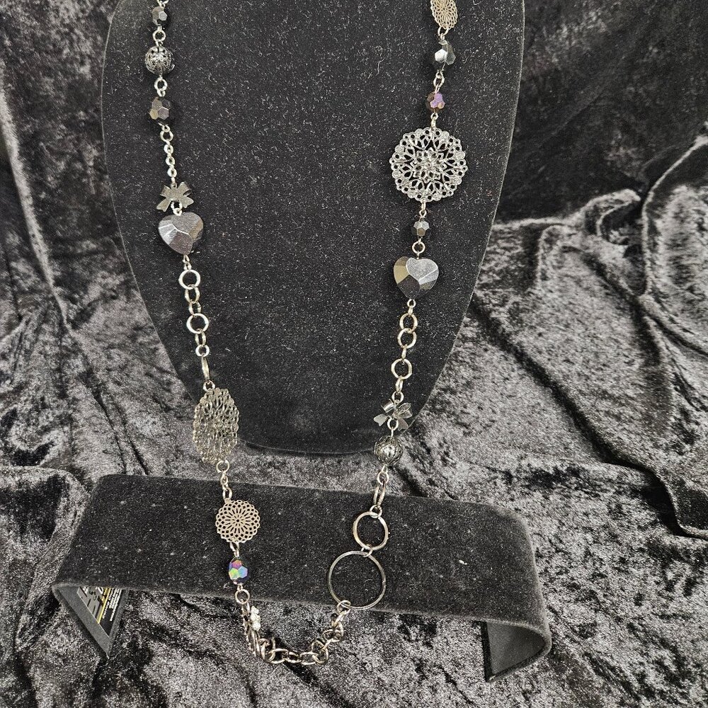 Black chain long necklace with heart / bow accents - 16"